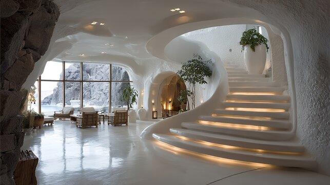 Impresionante escalera de caracol blanca en casa cueva luminosa con sal&oacute;n de lujo y grandes ventanales con vistas a la roca