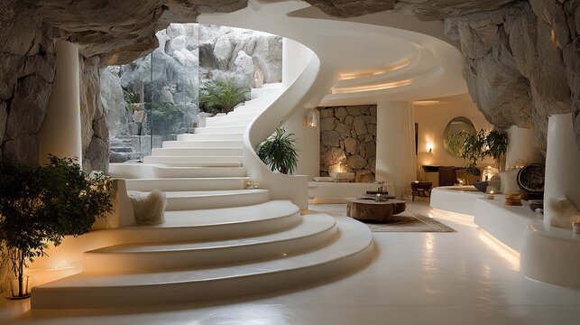 Impresionante escalera de caracol blanca en casa cueva luminosa con sal&oacute;n de lujo y grandes ventanales con vistas a la roca