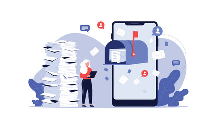 Fototapeta premium Businesswoman standing beside a giant smartphone with an overflowing mailbox and a tall stack of paper documents to manage.