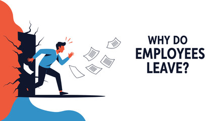 Fototapeta premium Overwhelmed employee running away from an office doorway with papers flying around to illustrate job resignation and burnout.