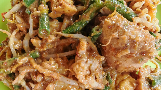 Close Up of Indonesian Lotek or Gado-Gado with Spicy Peanut Sauce, Long Beans, and Bean Sprouts