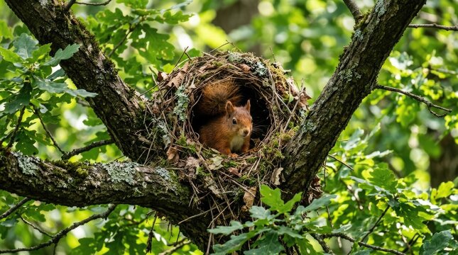A red squirrel peers out from a cozy nest nestled within the branches of a tree. The squirrel sits attentively, observing its surroundings.