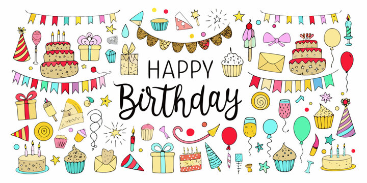 Colorful birthday celebration doodles and decorations arranged on a white background