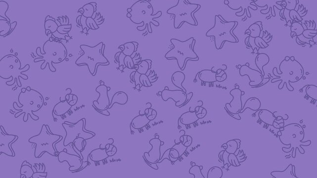 Abstract Purple Background with Hand Drawn Shapes in Motion.