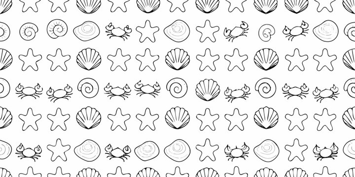 Seamless pattern of black and white seashells crabs and starfish