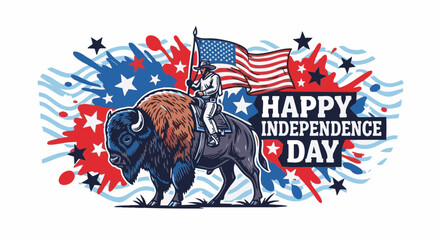 American bison with cowboy riding and waving USA flag in patriotic red white and blue abstract background for Independence Day © Any