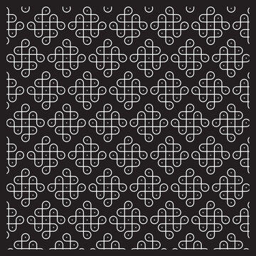 Seamless repeating background of white geometric Kolam line art with interconnected loops and dots arranged in a grid pattern against a solid black backdrop for graphic design.