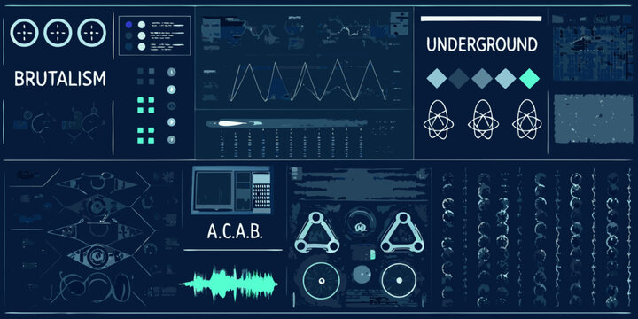 Abstract digital interface with brutalist design and technical schematics