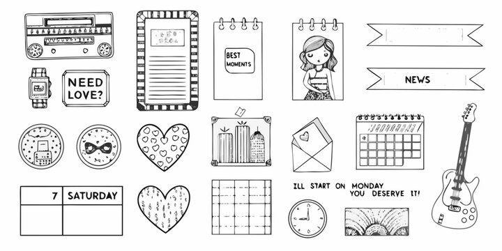 Collection of hand drawn black and white stationery and decorative elements