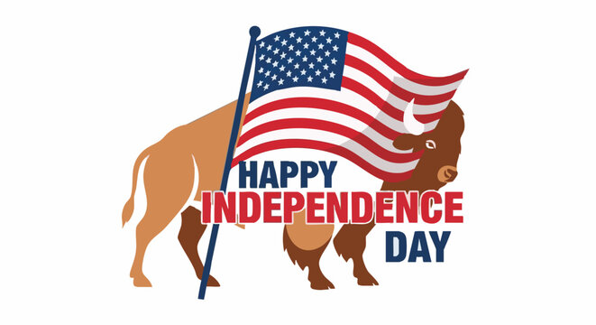 American bison with USA flag on Independence Day in patriotic colorful illustration for greeting card