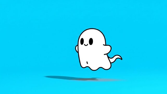 A cute cartoon ghost character floats playfully on a bright blue background with a shadow