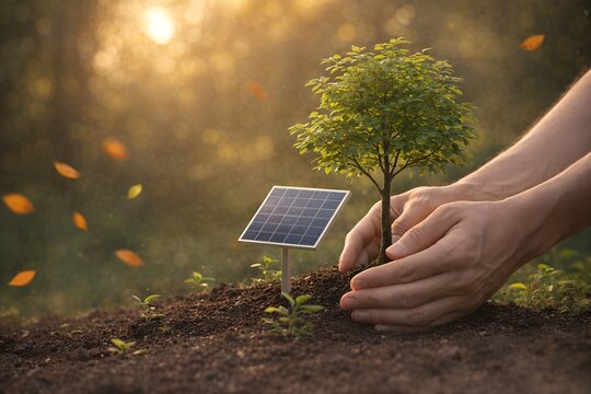 Hands planting tree beside solar panel at sunset, renewable energy and green future concept
