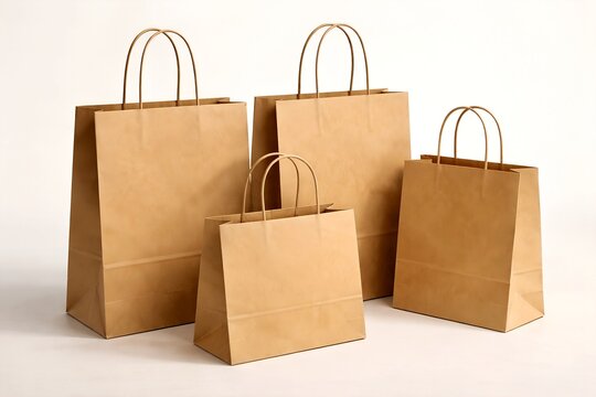 Blank kraft paper shopping bags set isolated on neutral background, retail packaging mockup
