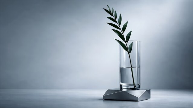 Elegant green branch in geometric glass vase, minimalist botanical interior design concept
