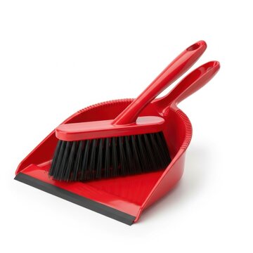 Red plastic dustpan and hand brush set on a white background
