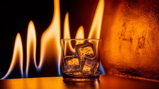 Glass with ice cubes in front of flames concept of heat and cold contrast
