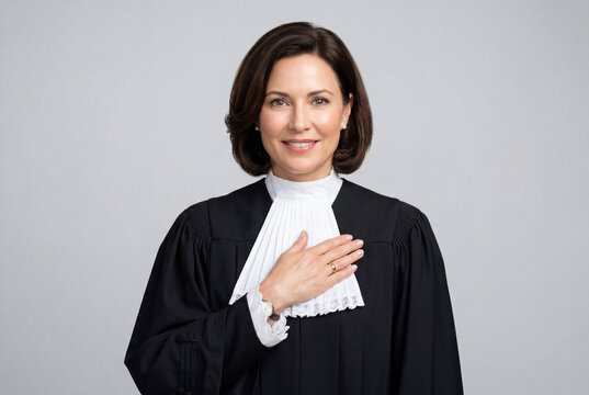 Smiling female judge wearing black robes and a white jabot standing with her hand on her chest