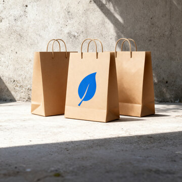 Eco paper shopping bags with blue leaf logo, sustainable retail packaging concept