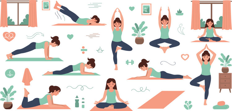 Vector set of woman practicing yoga poses and home workout exercises for health wellness meditation and physical fitness in a cozy room environment