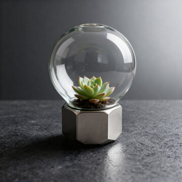 Succulent plant inside glass sphere on modern pedestal, minimalist botanical decor concept