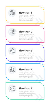 Flowcharts multicolor rounded infographic 5 steps. System for managing repetitive processes. Business information organization. Editable thin line icons diagram process. Merriweather Sans font used