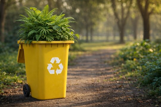 Yellow recycling bin with green plant in park, sunlight eco sustainability concept