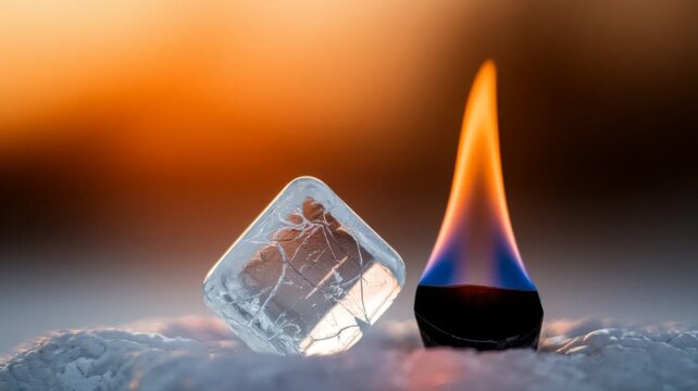 Ice cube near flame contrast hot and cold concept