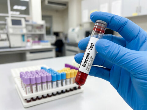 Technician hand in blue medical glove holding blood sample tube for brucella test in laboratory