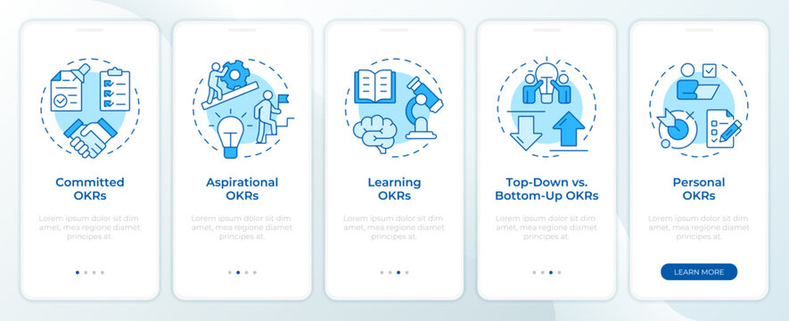 Various okr categories blue onboarding mobile app screen. Walkthrough 5 steps editable graphic instructions with linear concepts. UI, UX, GUI. Montserrat SemiBold, Regular fonts used