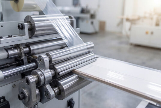 Industrial machinery with silver rollers unwinding transparent protective film in factory setting