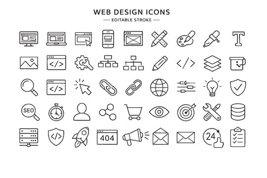 Web Design Line Icons Set, UI UX Design, Website Development, Coding, SEO, Interface Elements, Responsive Design, Digital Marketing Outline Vector Icons Collection