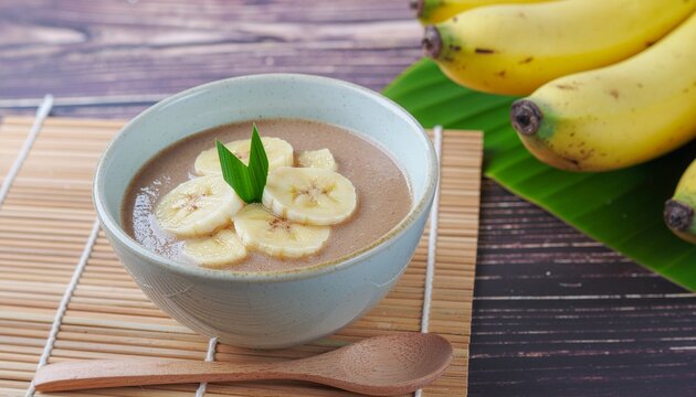 Traditional Indonesian kolak pisang with banana slices in sweet coconut milk, served in a rustic bowl, representing comforting tropical dessert and authentic Southeast Asian cuisine.