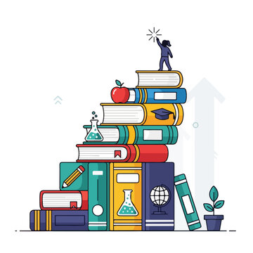 Student on stack of colorful books.