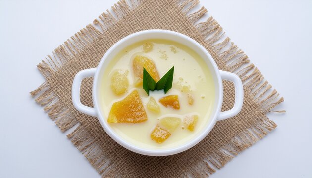 Traditional Indonesian kolak dessert made with creamy coconut milk, sweet banana and palm sugar, served in a white ceramic bowl with fresh fruit garnish.