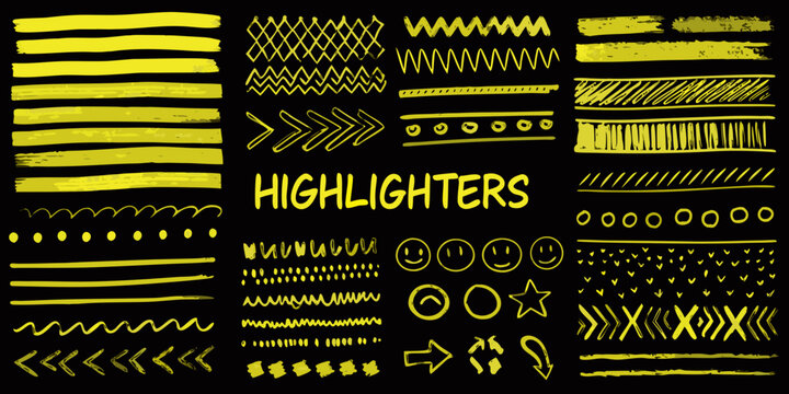 Collection of yellow highlighter marks and doodles on a black background
