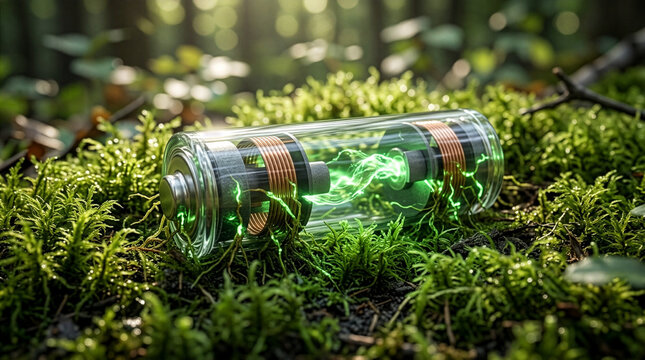 Conceptual glass battery with glowing green energy and copper coils resting on natural forest moss, symbolizing renewable green power, clean electricity, and sustainable technology.