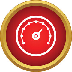 Red and gold round icon presenting a speedometer or gauge measuring speed