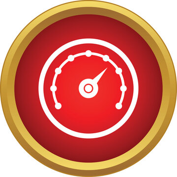 Red and gold round icon presenting a speedometer or gauge measuring speed
