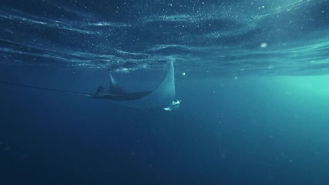 Large Manta Ray Passing Close to Snorkeler in Clear Blue Water Bali Marine Scene