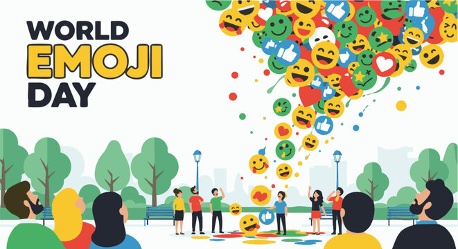 Crowd of people celebrating World Emoji Day with  colorful emoji icons floating in sunny city park in flat illustration design for  social media campaign.