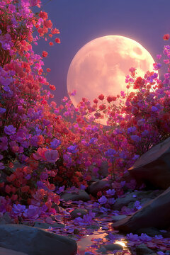 A night sky with a full pink moon next to the stream with stones and a bloomimg bush of wildflowers