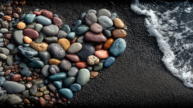 Colorful pebbles shaped in a heart on the shore with black sand and waves from the sea