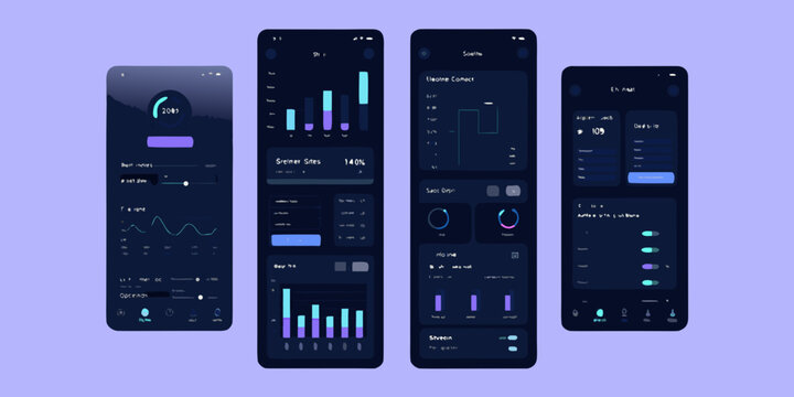 Mockups of a dark themed mobile application interface with data visualizations