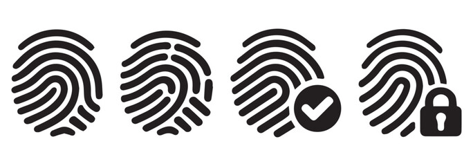 Fingerprint Scan Icon Set – 4 Black Verified Lock Approved Biometric Authentication Symbol Vector Collection. Fingerprint liner icon set. Access, identity verification and security scan vector pack ©  