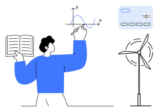 Education, science, renewable energy, engineering, technology, sustainability. Person with book analyzing graph beside wind turbine. Education and renewable energy concept