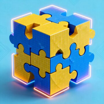 3D Neon Puzzle Cube with Blue and Yellow Blocks