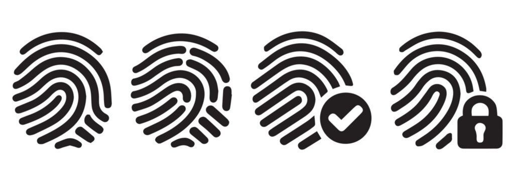 Fingerprint Scan Icon Set &ndash; 4 Black Verified Lock Approved Biometric Authentication Symbol Vector Collection. Fingerprint liner icon set. Access, identity verification and security scan vector pack