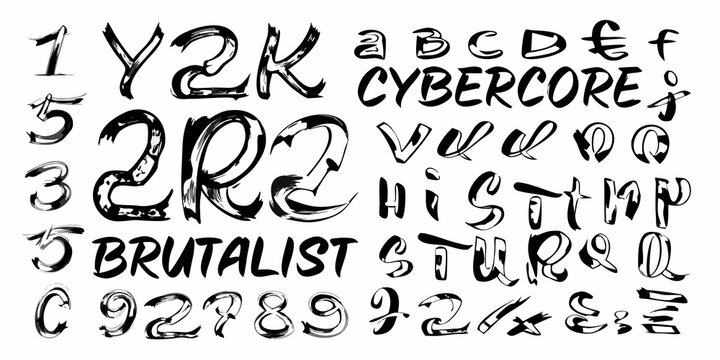 A collection of hand drawn expressive letters and numbers in black ink
