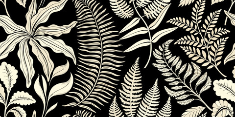 Elegant botanical illustration featuring ferns lilies and leafy branches © Ajay