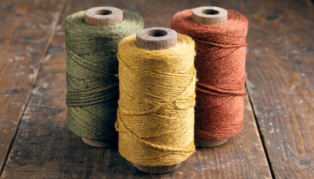 Spools of thread in green, yellow, and red on a wooden table during daytime hours
